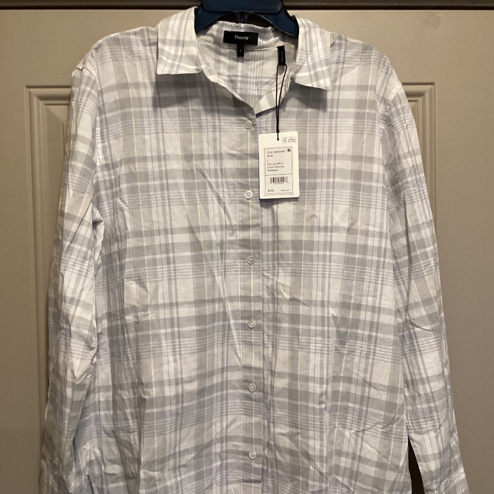 Theory Plaid Cotton & Linen Button-Up Shirt, size L